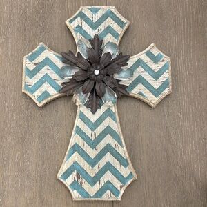 Turquoise Chevron Wooden Cross with metal flower and crystals